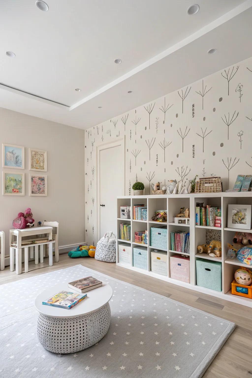 A playroom displays minimalist wallpaper, offering an understated elegance.