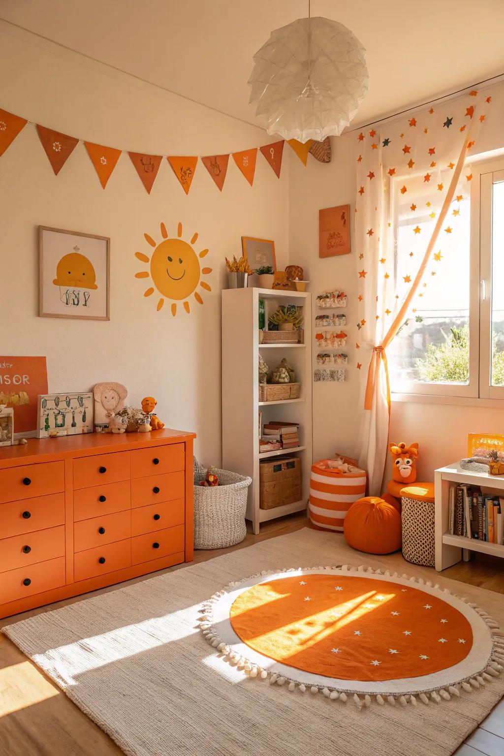 Radiant tangerine touches add warmth and energy.