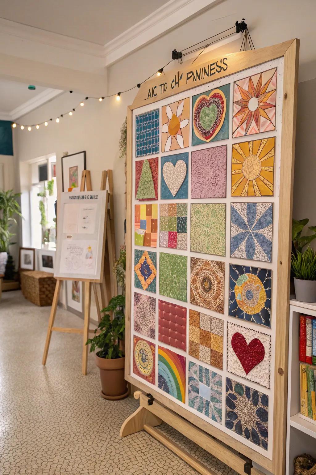 A creative home studio kindness composition board with colorful, symbolic pieces.