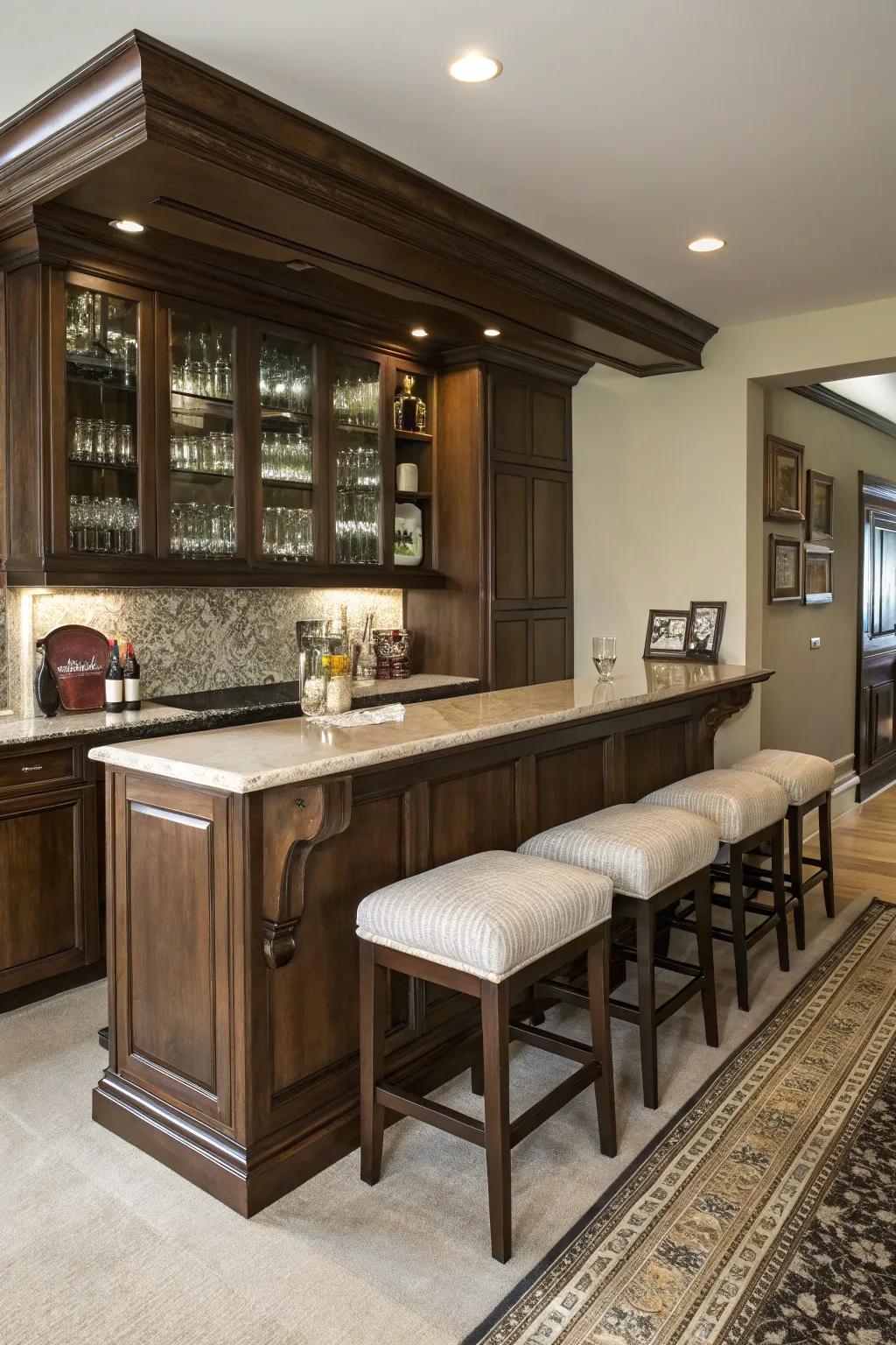Attached seating makes this bar cabinet a social hub.