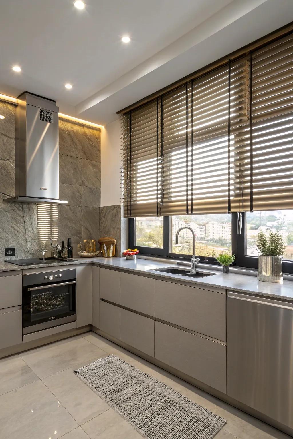 Modern kitchen with metallic blinds