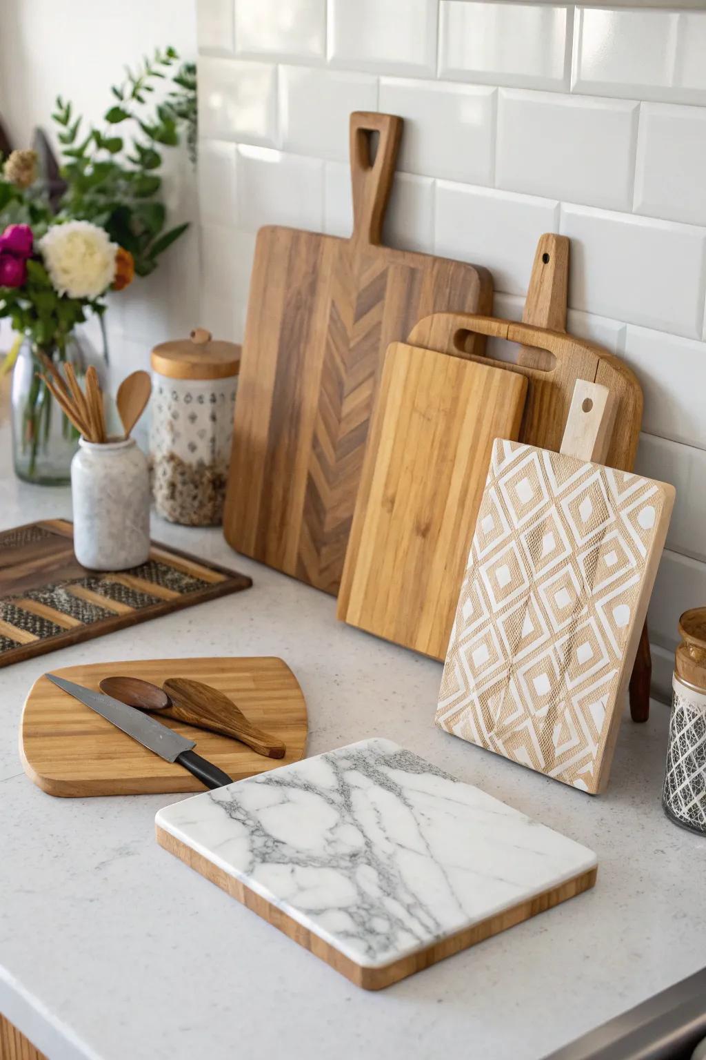 An assorted combination of chopping surfaces contributes dynamic variety to the culinary space.
