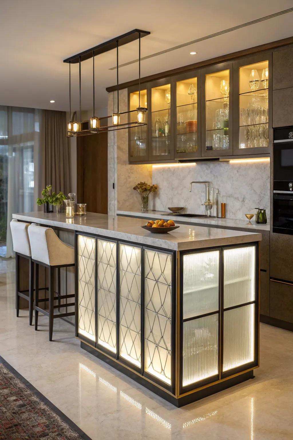 Glazed boards fashion a light-suffused atmosphere, elevating the inherent radiance of this cooking area focal point.