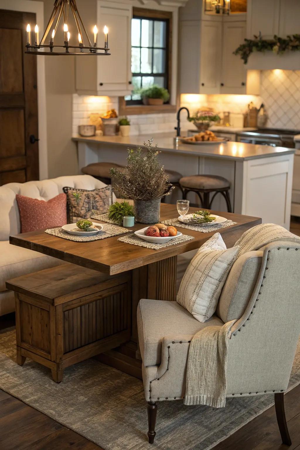 A cozy corner retreat transforms a workspace into a gathering spot.