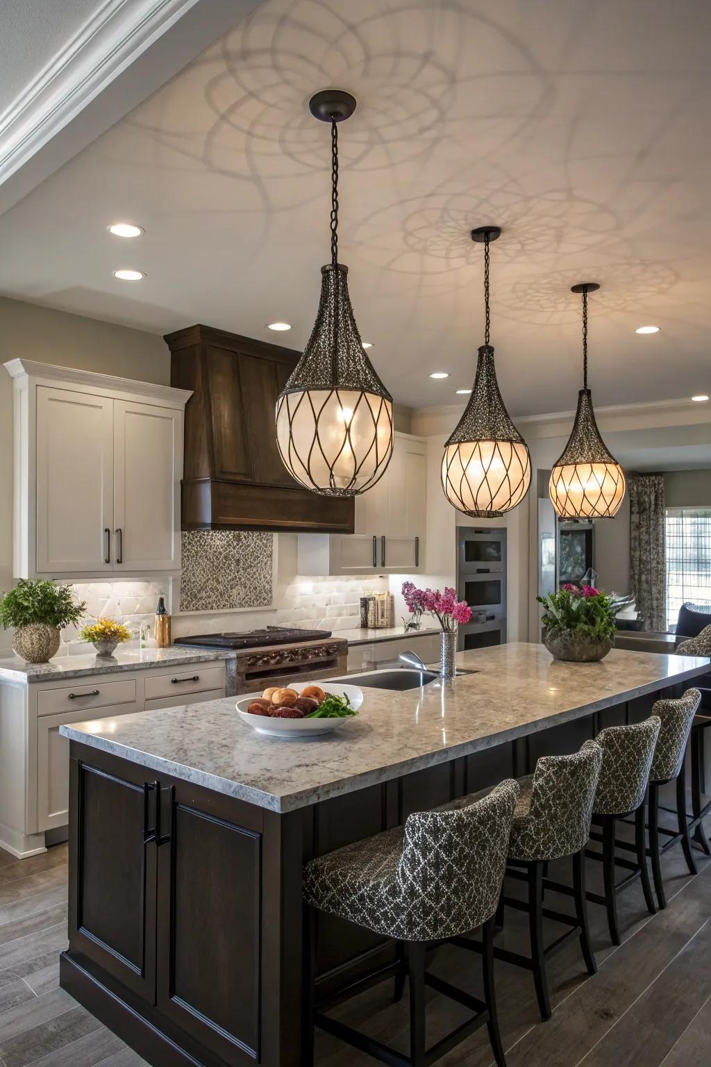 Carved lights inject artistic drama into the kitchen.
