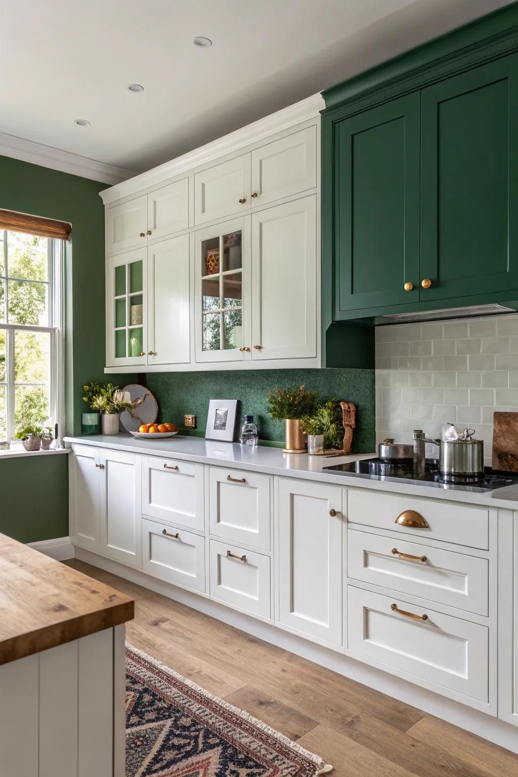 Forest green walls provide a natural and grounding contrast.
