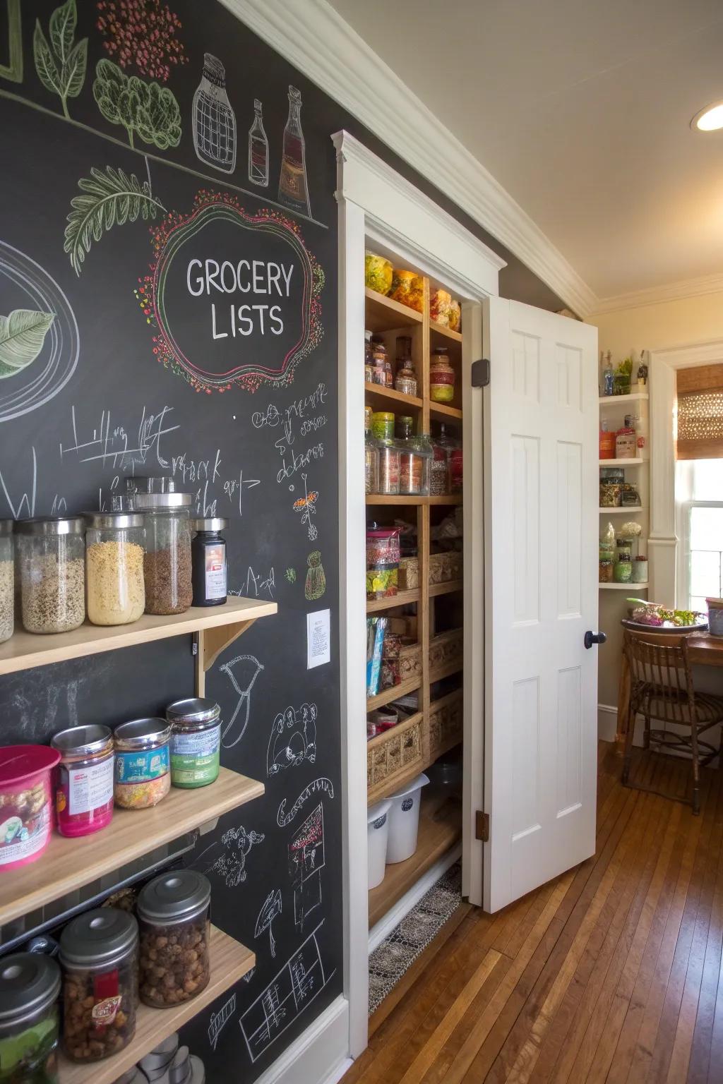 A chalkboard wall combines creativity with utility.