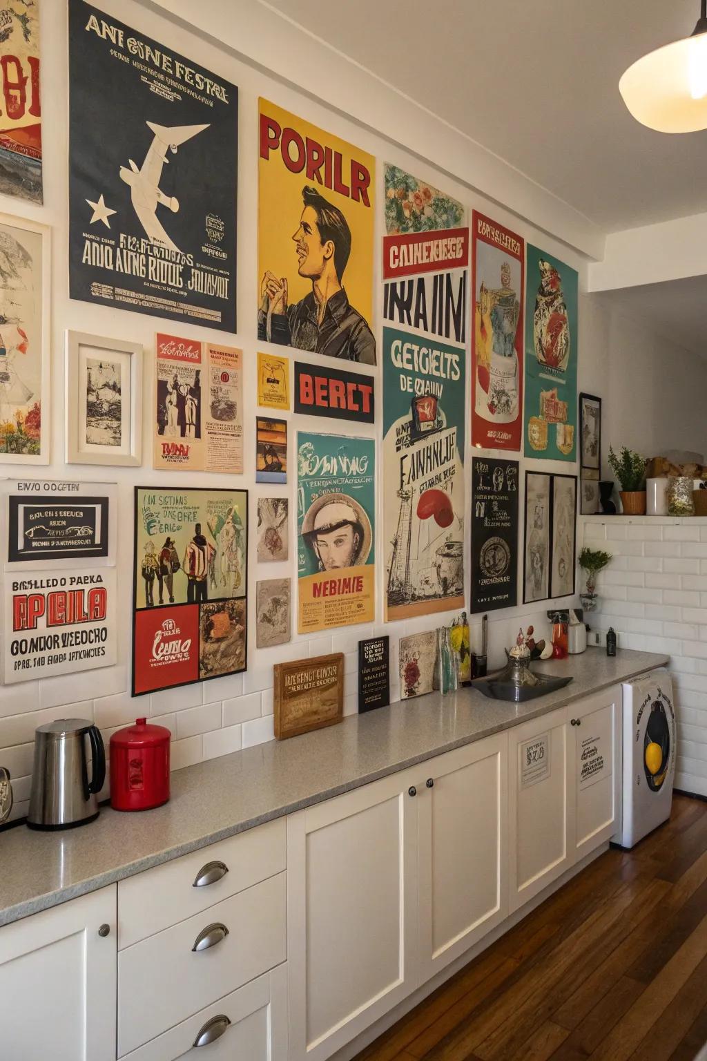 Eclectic combination of posters for a unique and personal kitchen vibe.