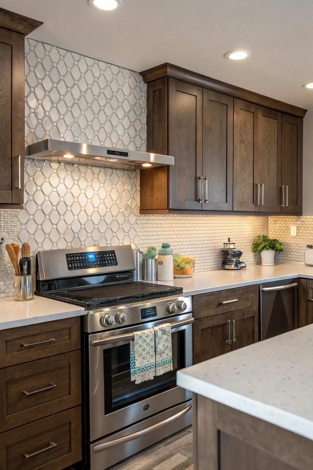 A sculpted splash guard inserting distinction within the cooking space.