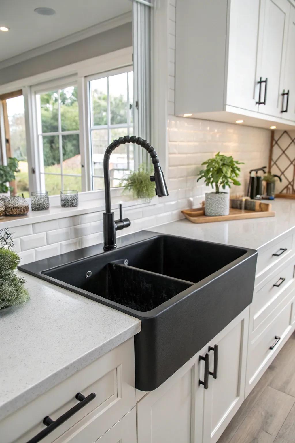 A contemporary kitchen showcasing a dramatic dark tone sink.