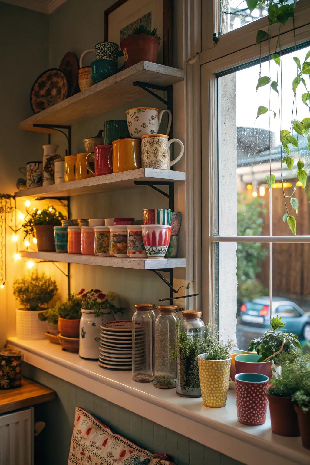 Diverse decor turns kitchen shelves into a vibrant and personal display.