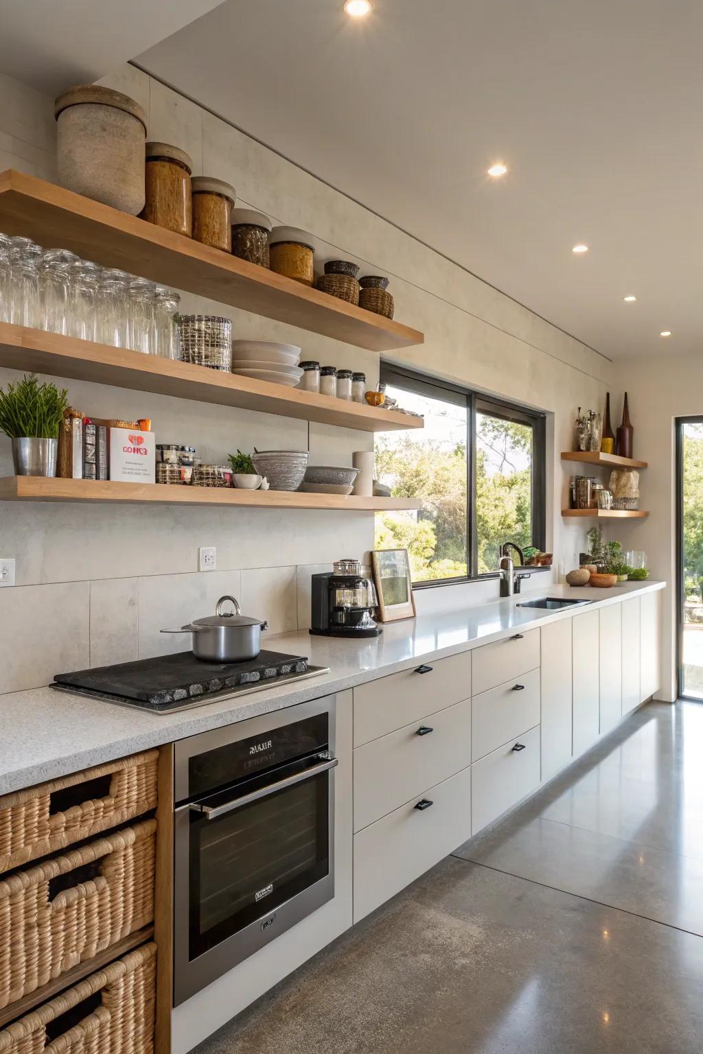 Concealed storage within shelves keeps kitchens neat and efficient.