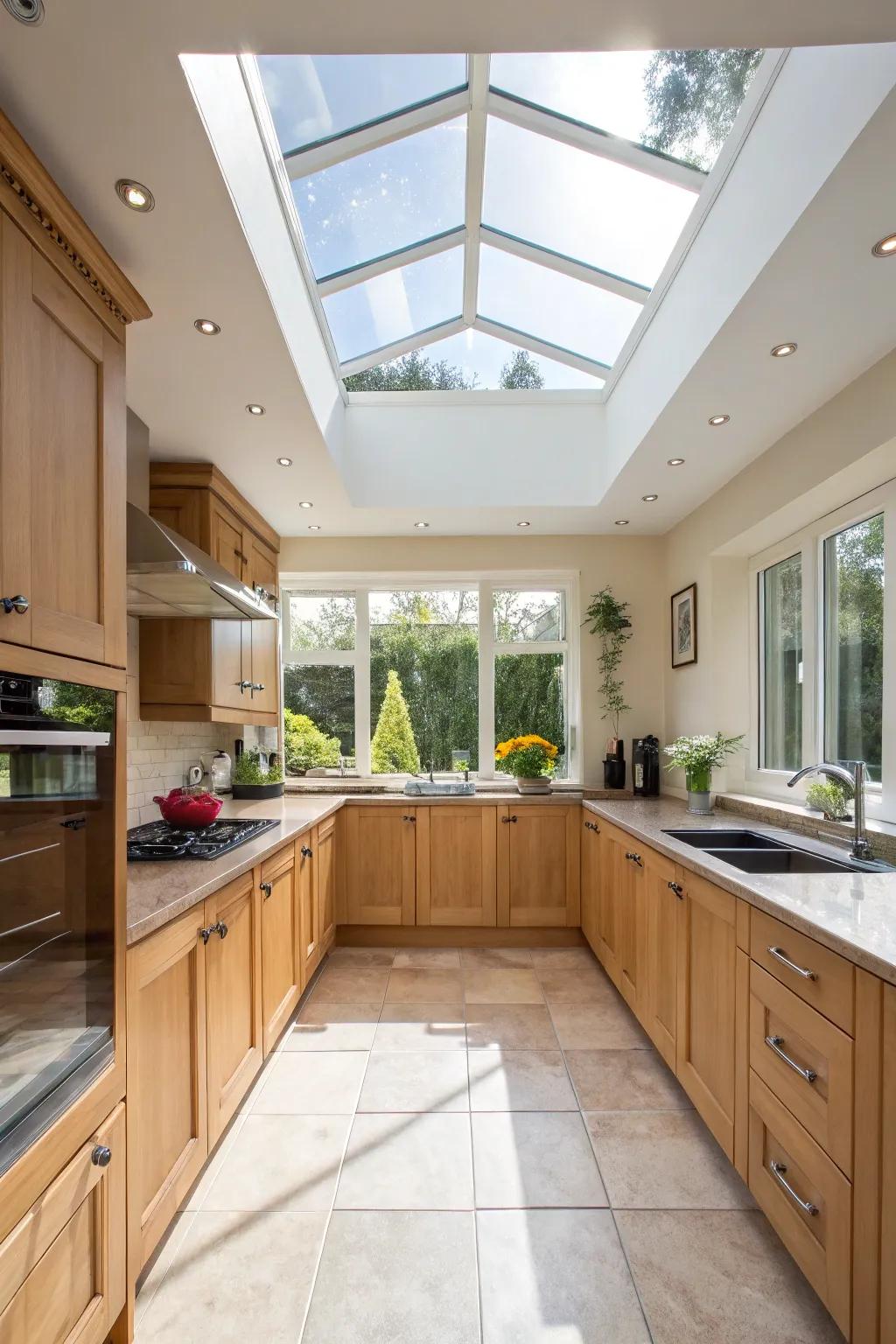 Natural light from atrium lights enhances mood and well-being in the kitchen.
