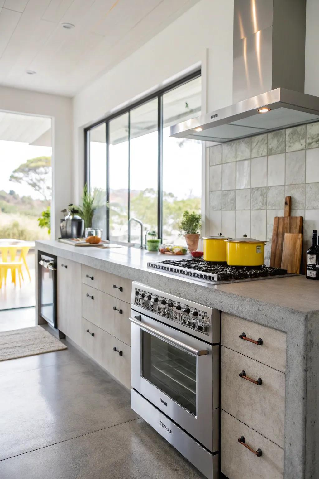 A kitchen featuring concrete worktops contrasted by bright modern appliances.