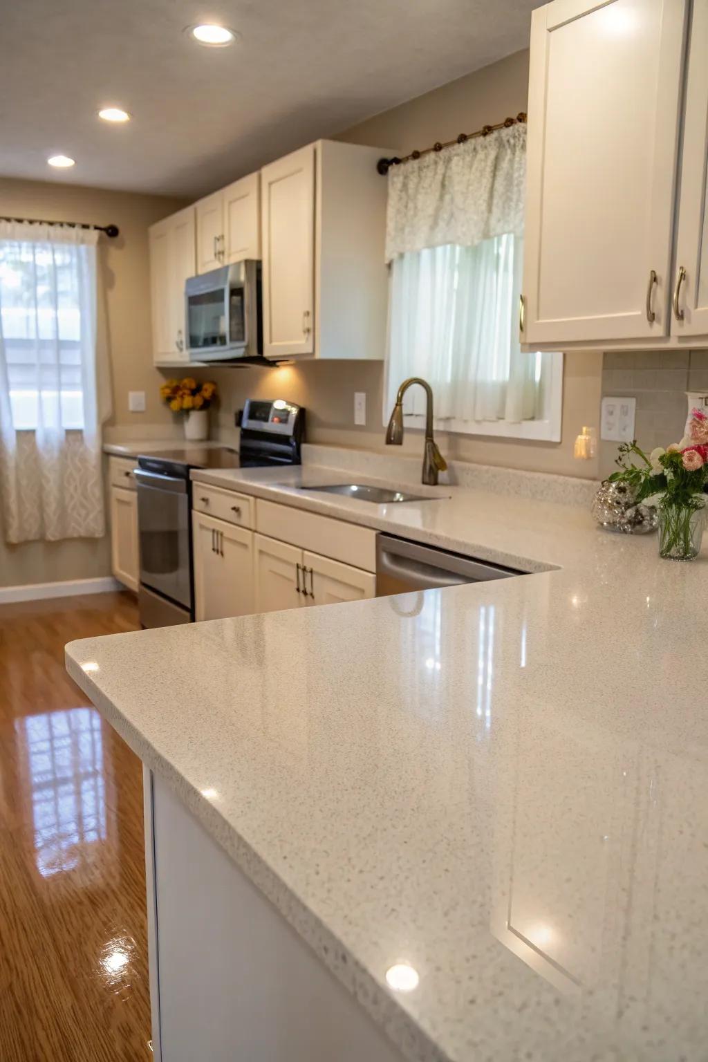 Light-colored quartz making a compact kitchen feel larger.