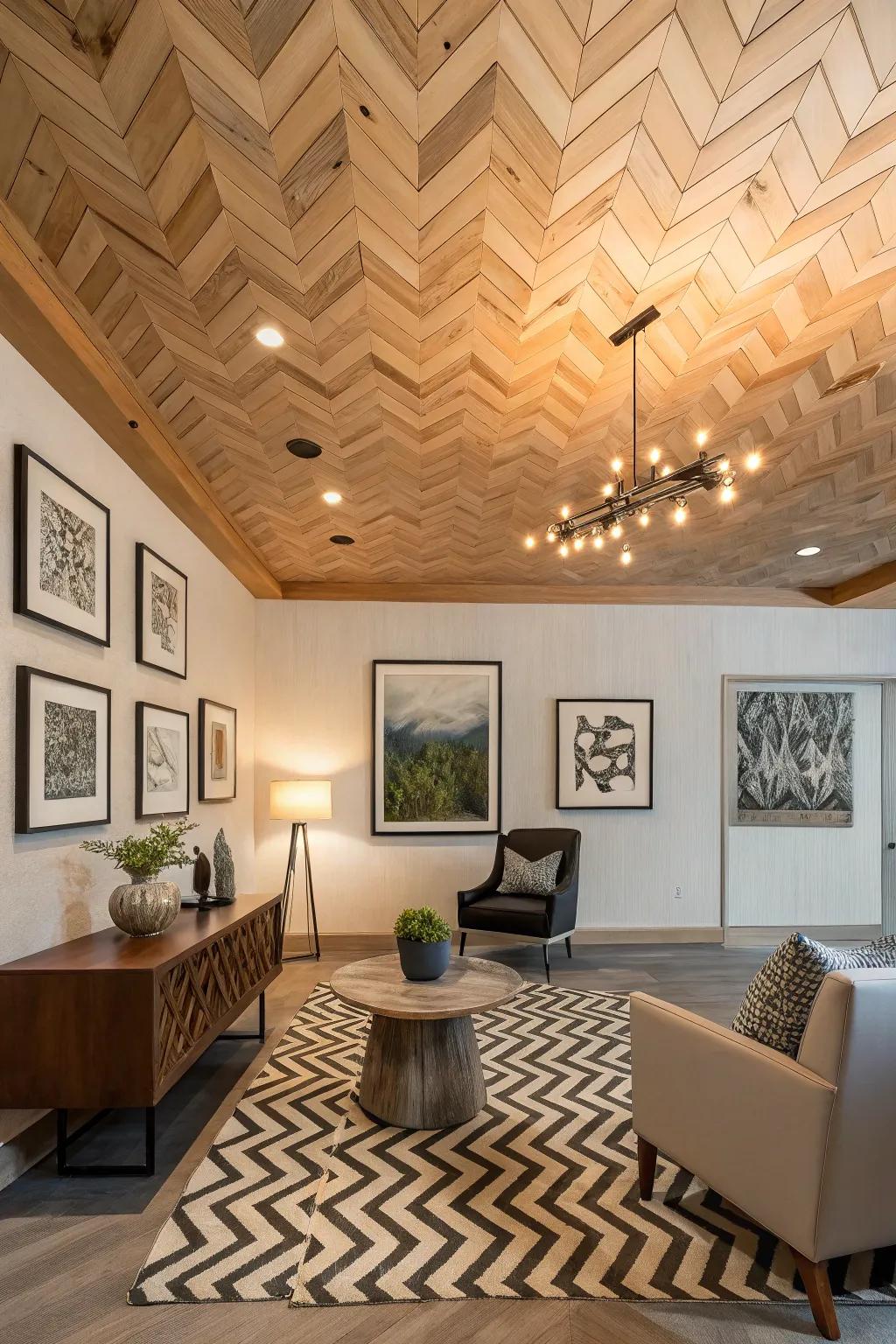 A modern room where a parquet-patterned ceiling adds creative style.