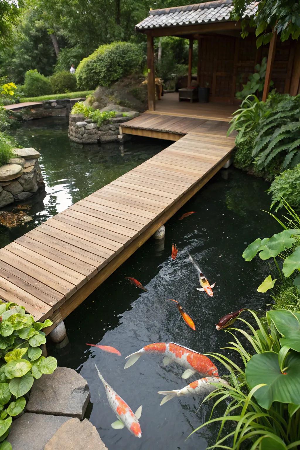 A deck over the pond offers a unique vantage point.