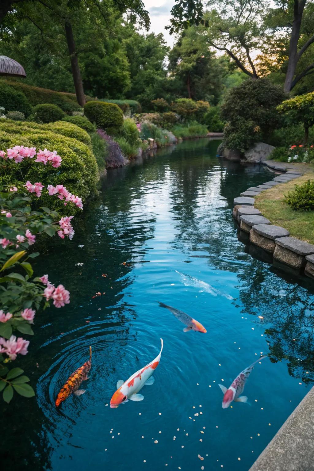 Tinted water brings a cooling effect to a koi pond.