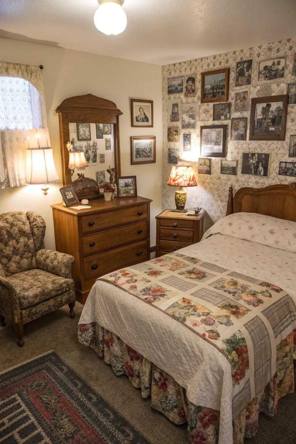 Vintage finds contribute nostalgia and charm to the bedroom.