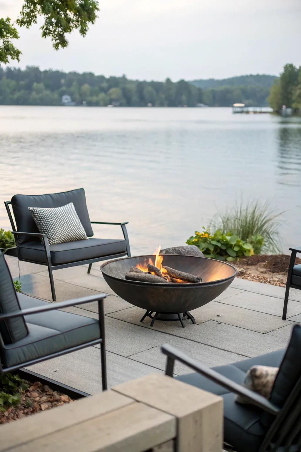 A minimalist alloy brazier conveys a soupçon of modern finesse to your lakeside.