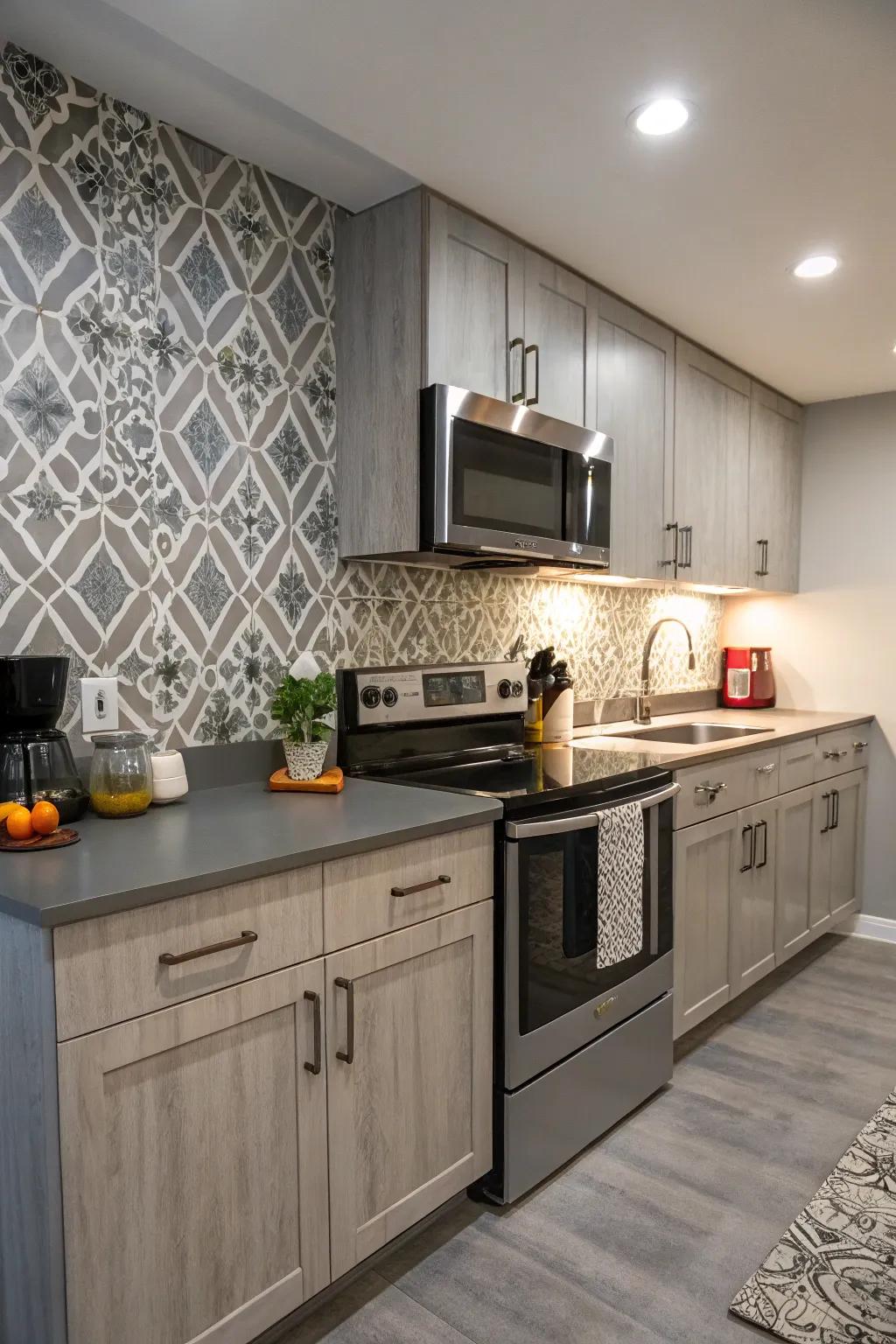 Industrial-style layered backsplash for a metropolitan edge.