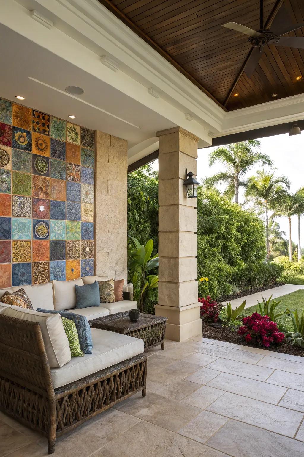 A feature wall infuses personality and flair into this lanai.