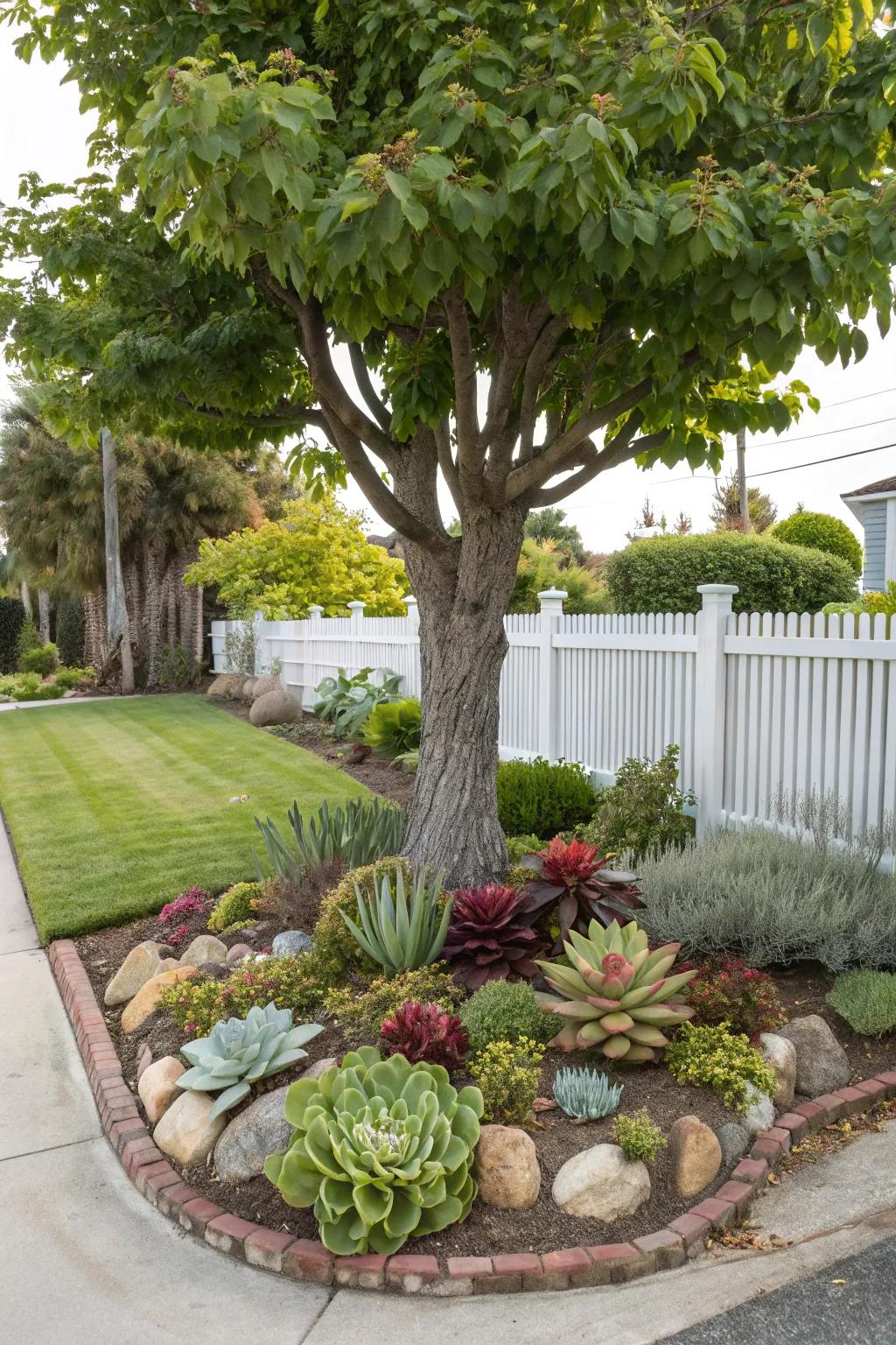 A tree encompassed by a medley of succulents, appending contemporary constitution to the garden.