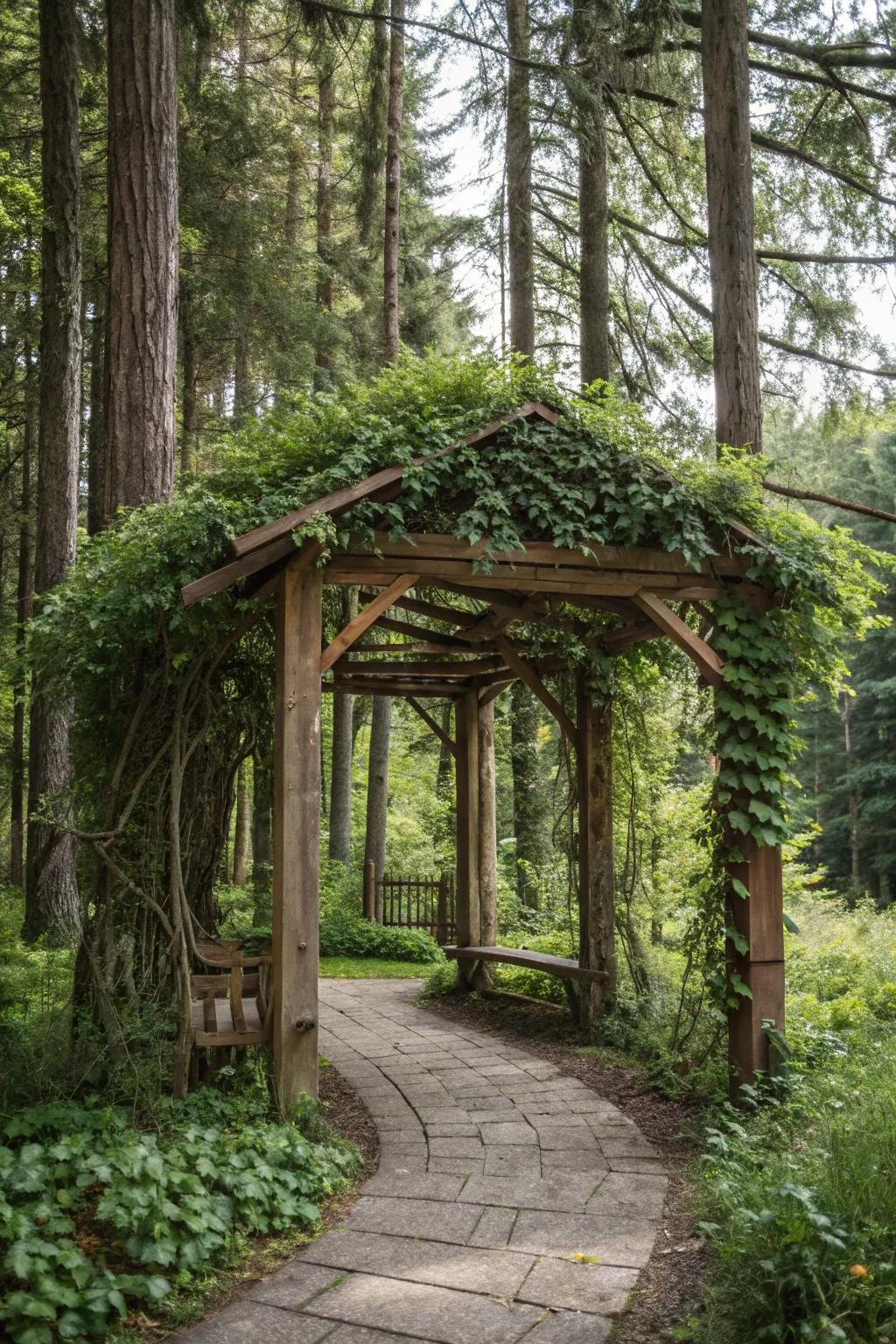 A timber gate introducing upright intrigue to the woods.