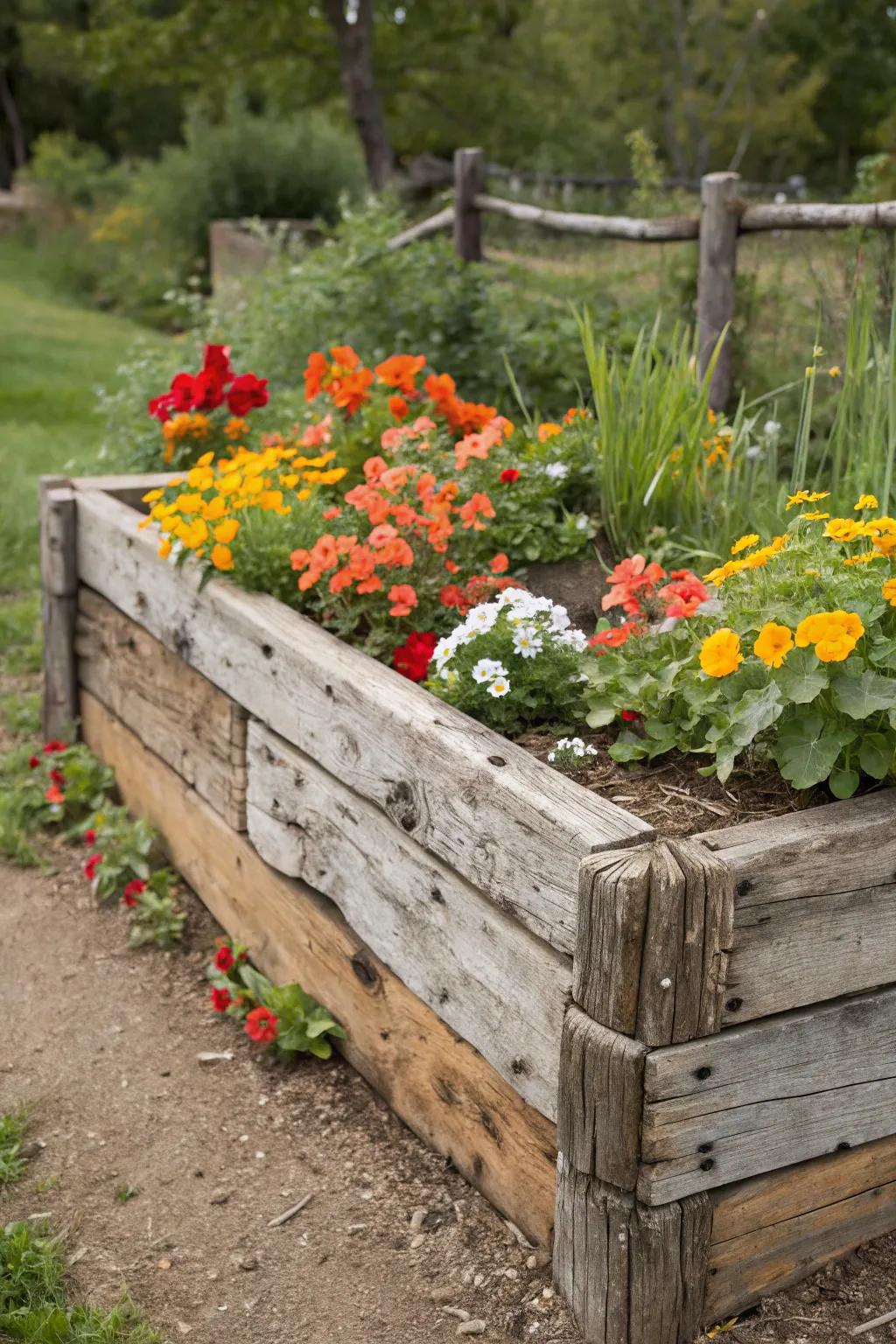 Salvaged wood contributes character and sustainability to garden beds.