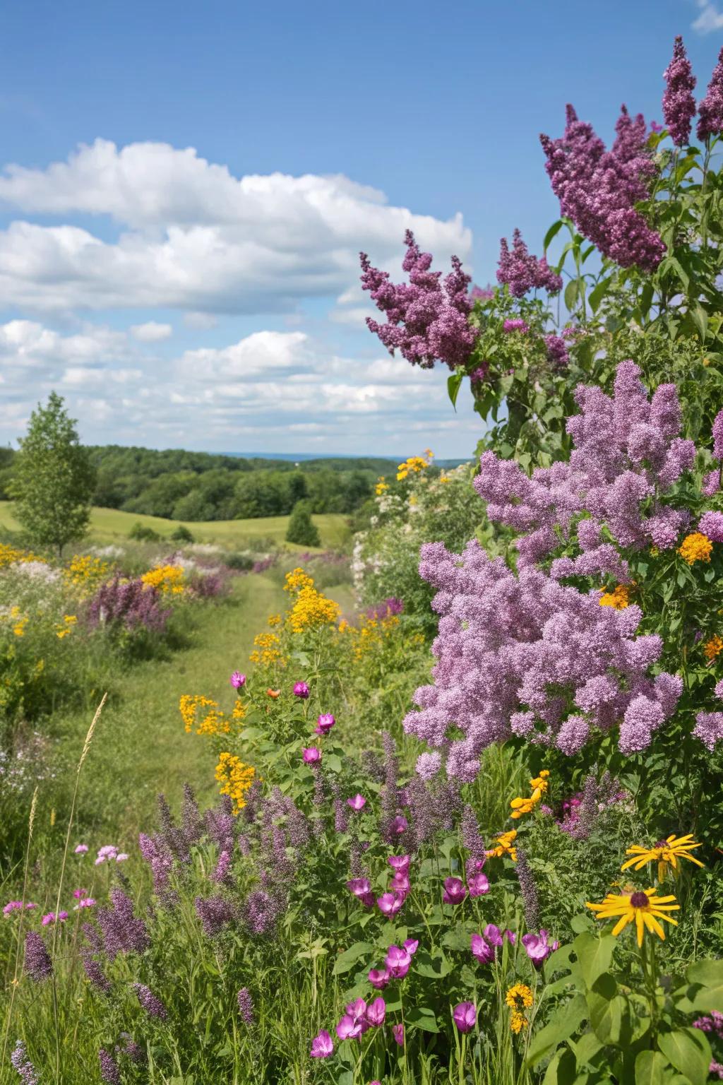 Lilacs contribute framework and fragrance to an uncultivated bloom field.