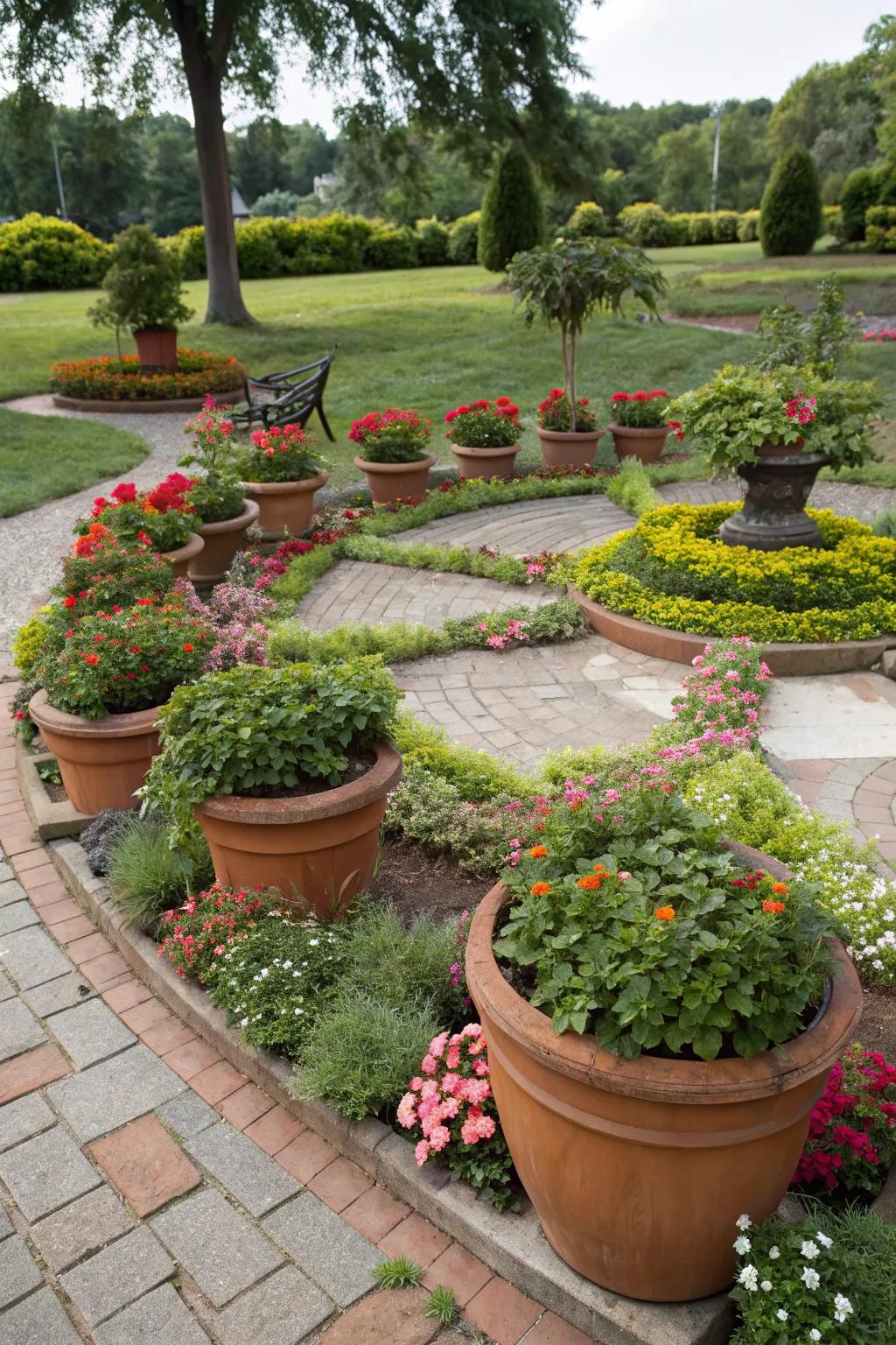 Craft your garden's artistic flair through creatively arranged containers.