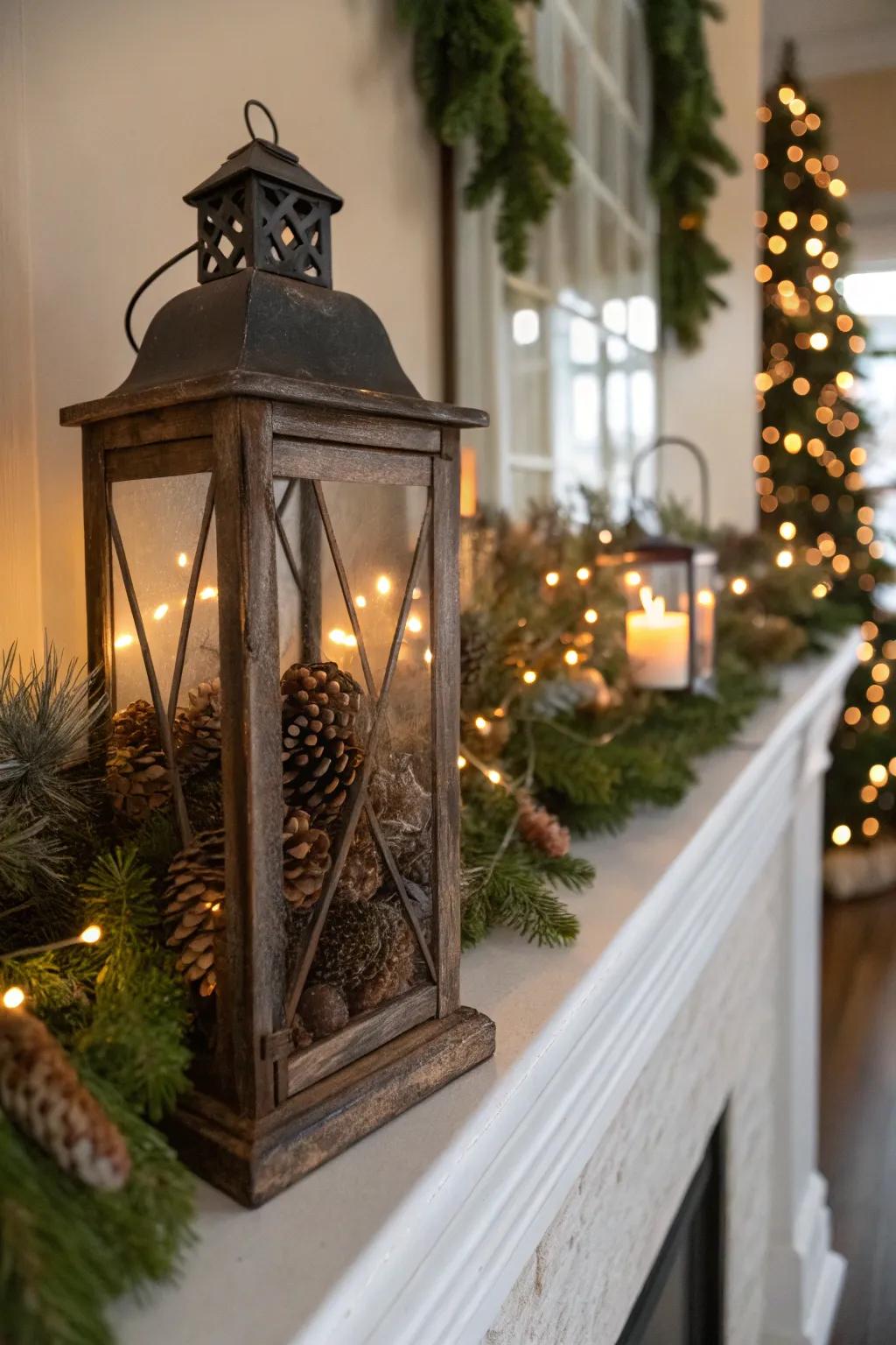 Add holiday spirit with pinecone-filled lanterns.