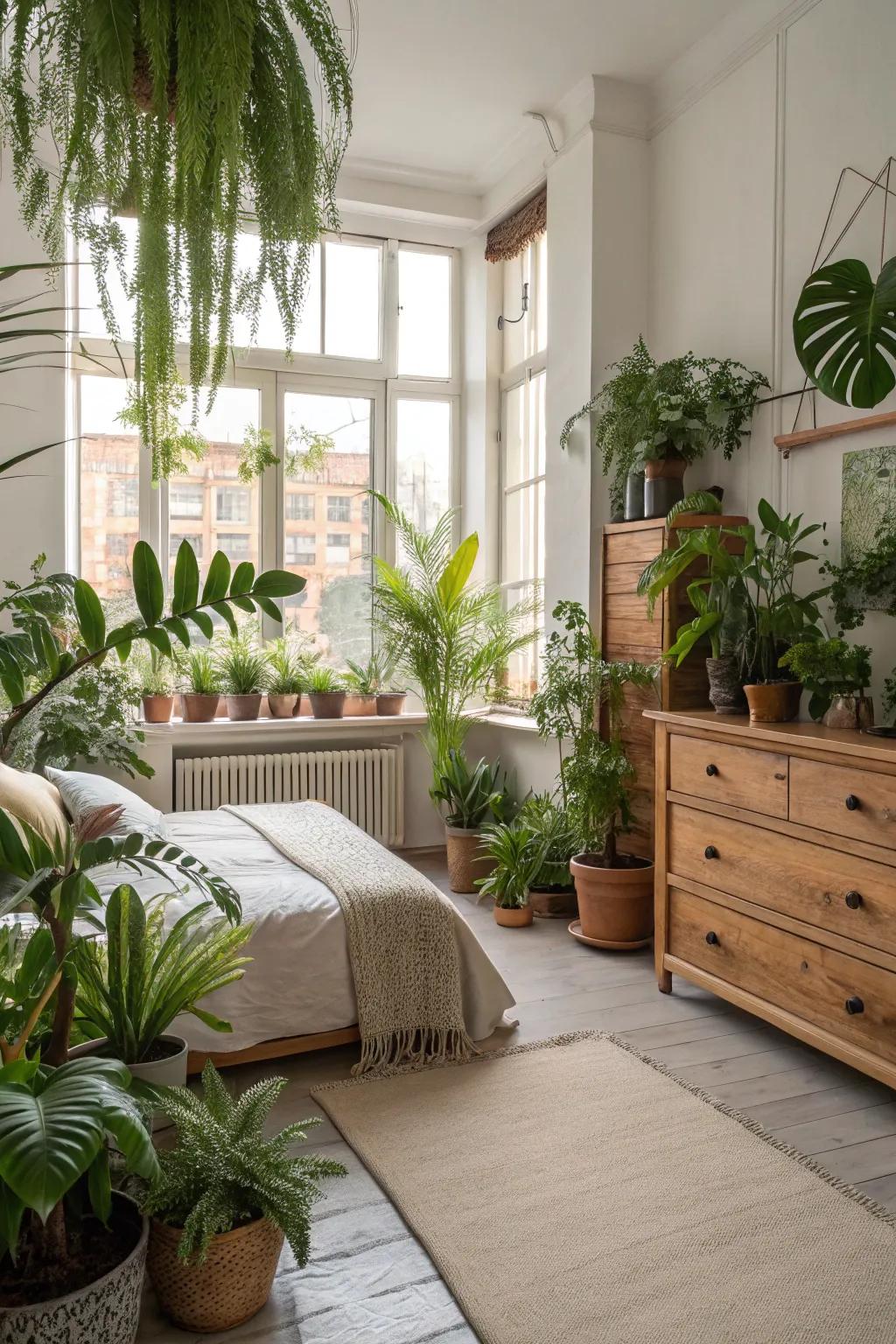 Potted greenery infuses this spacious bedroom with natural charm and freshness.