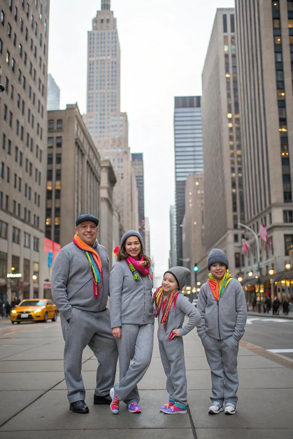 Urban chic with grays and bright accents suits a city backdrop.