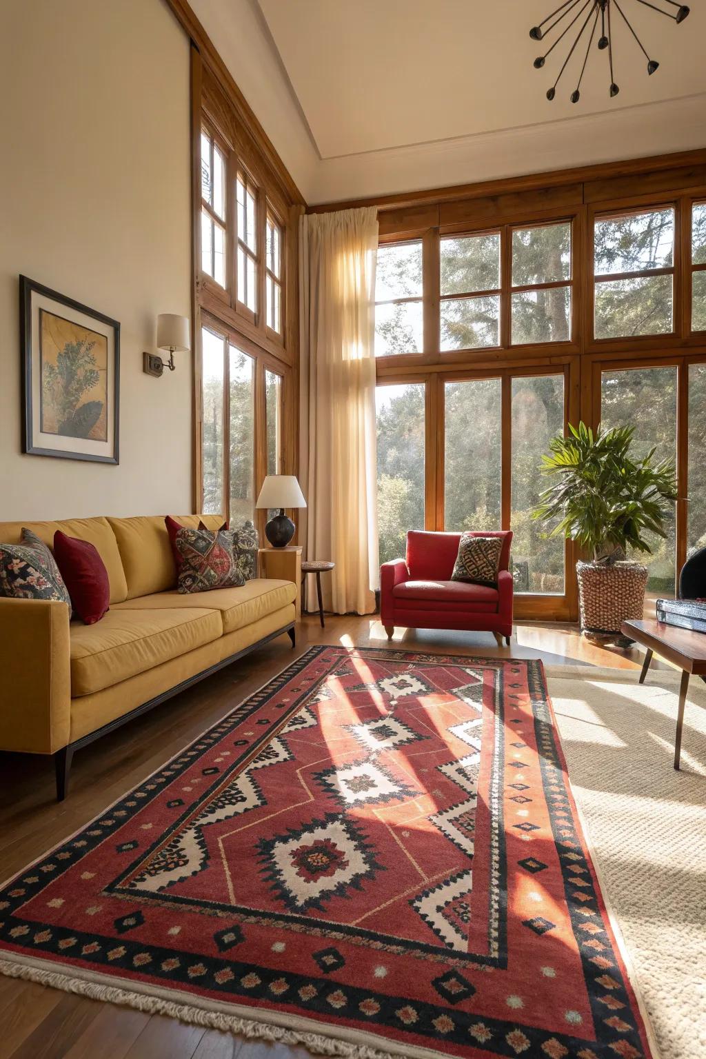 An expressive rug introducing character and comfort to a space dominated by large windows.