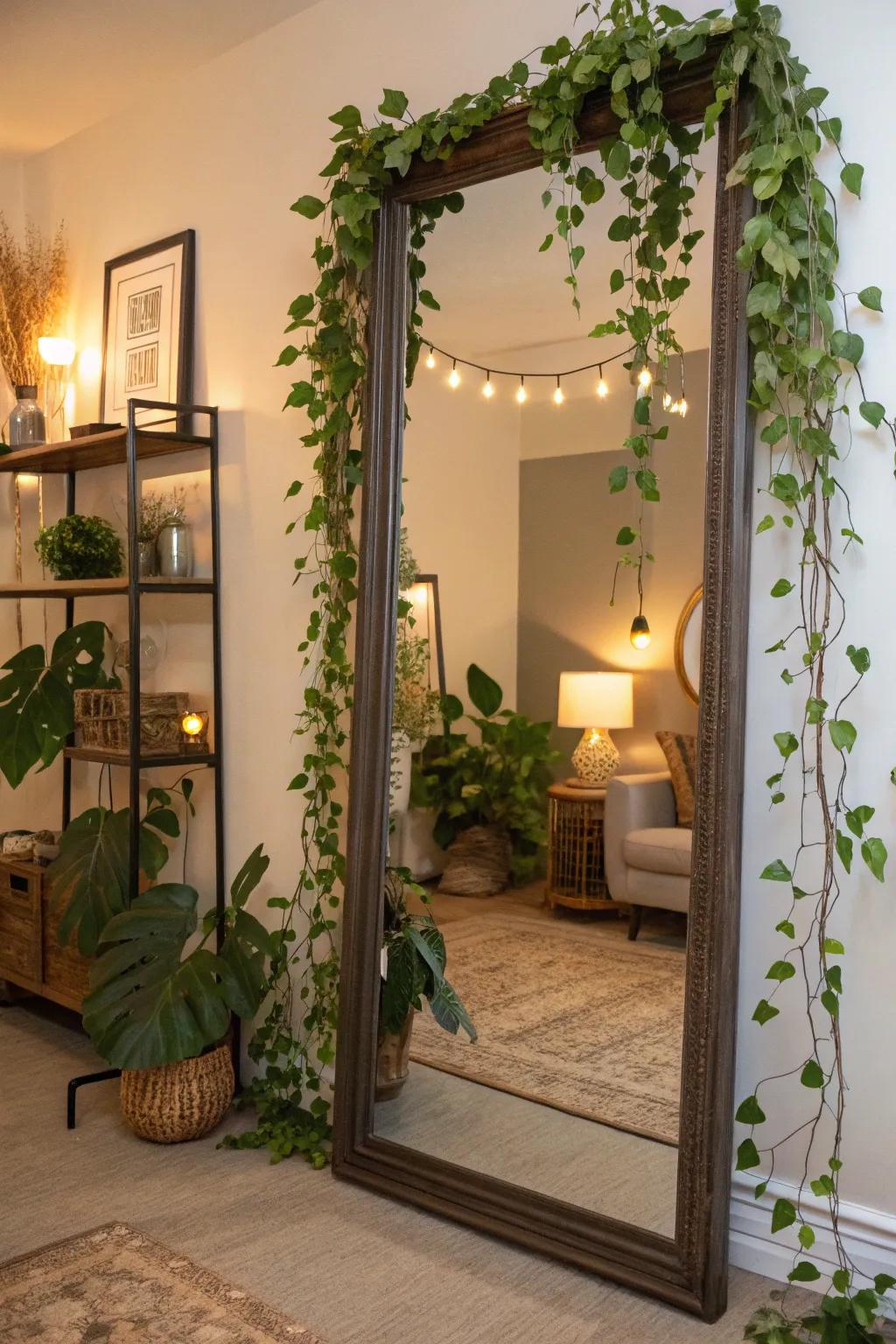 The encirclement of trailing botanical elements around a reflector cultivates a verdant, natural ambiance.