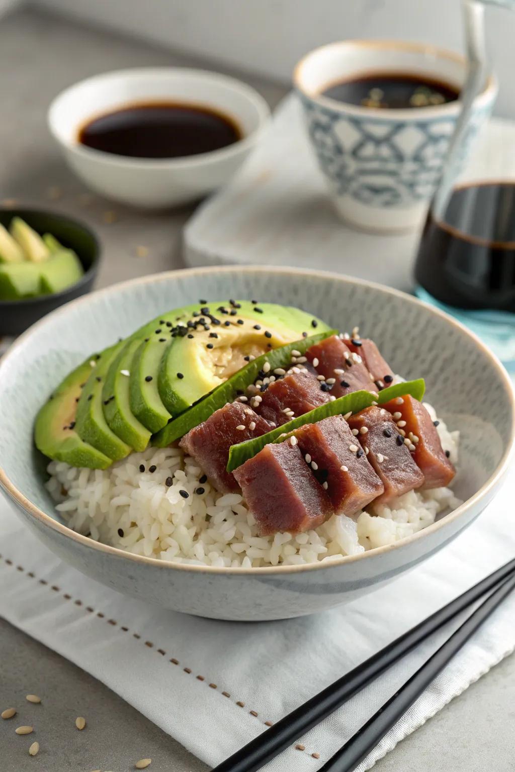Tuna and avocado rice bowl, a delightful blend of tastes.