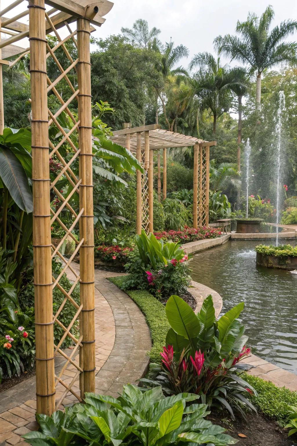 Design an exotic garden getaway with bamboo lattice.