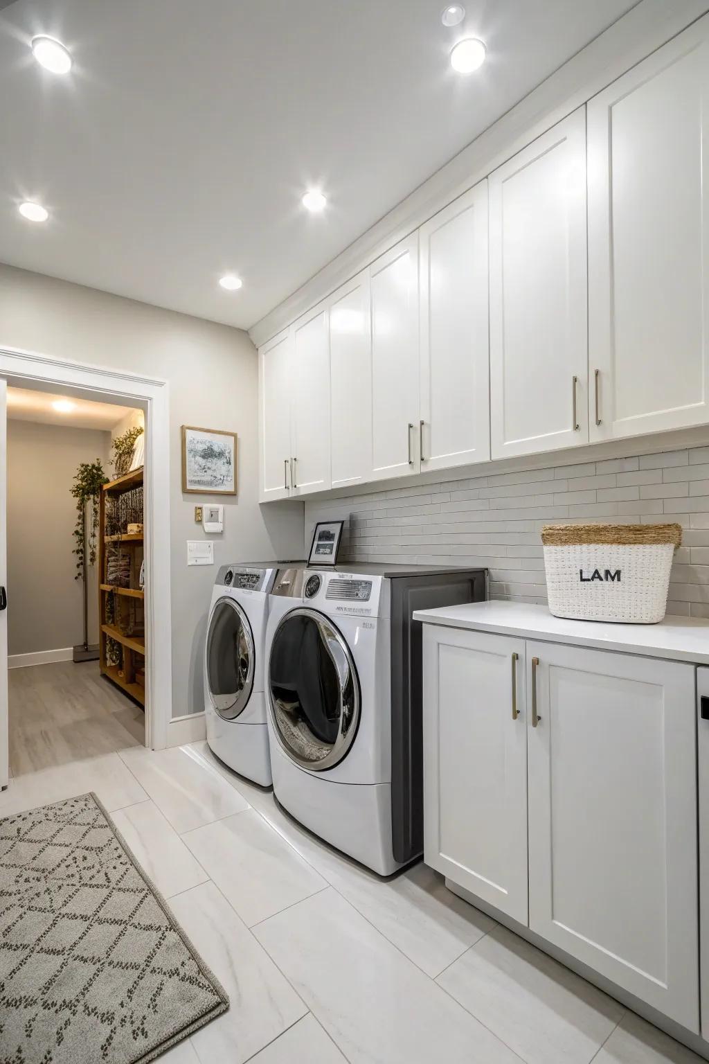 White offers a clean and spacious feel, ideal for laundry rooms.
