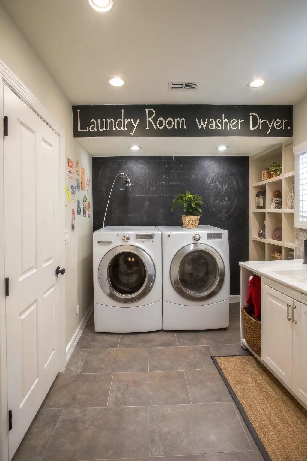A chalkboard wall introduces a playful and useful touch.