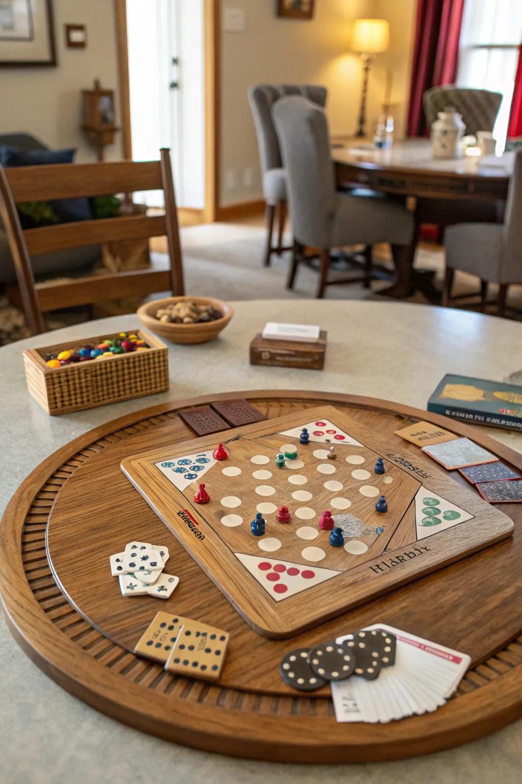 A game night necessity featuring a lazy Susan acting as a centerpiece.