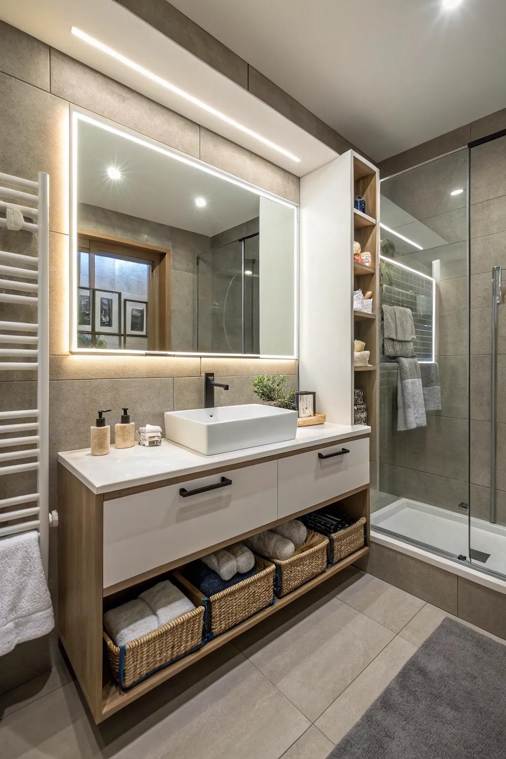 A functional washroom configuration featuring an illuminated reflection incorporating integrated stowage.