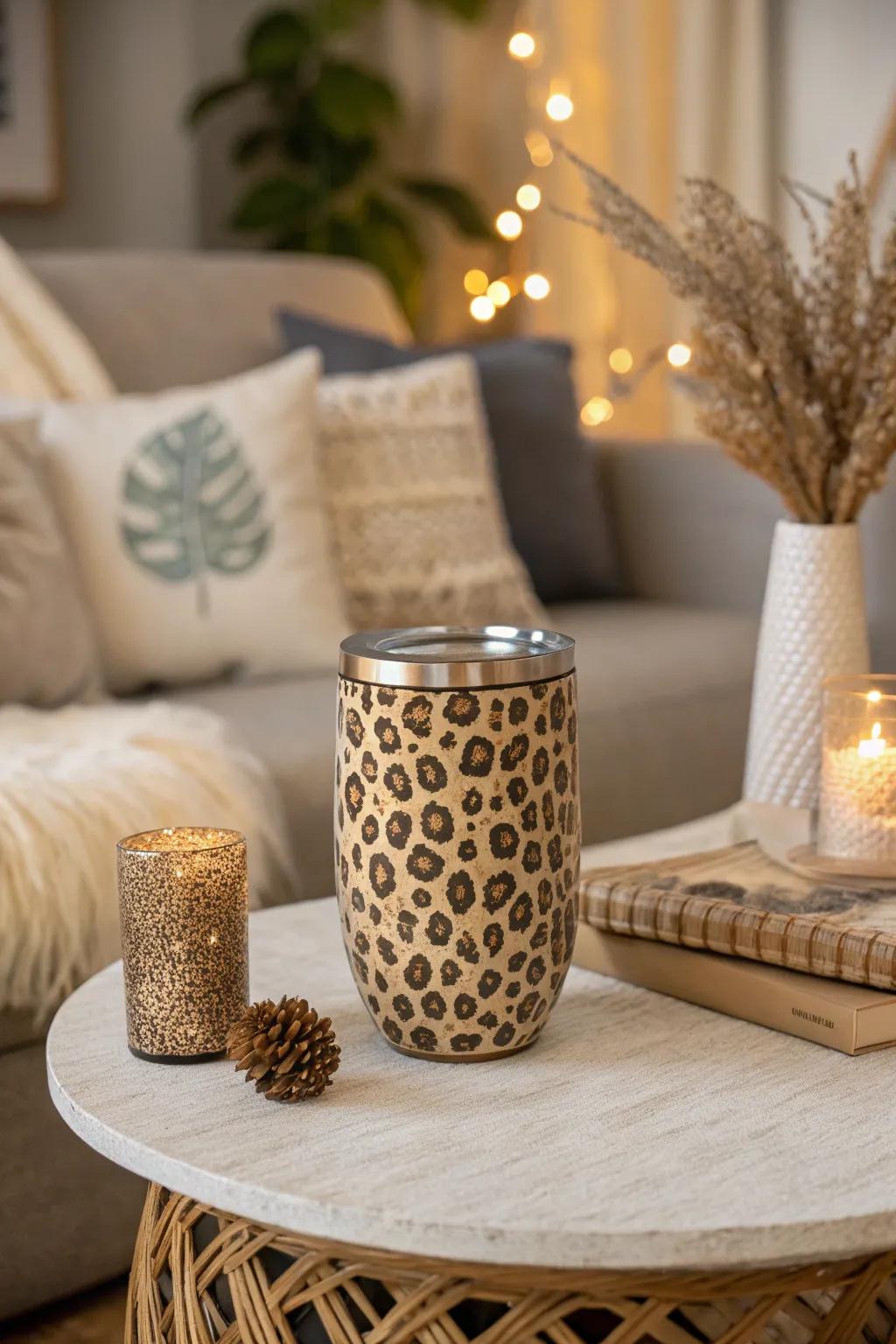 A ground-toned animal spot tumbler that complements neutral abode decor.
