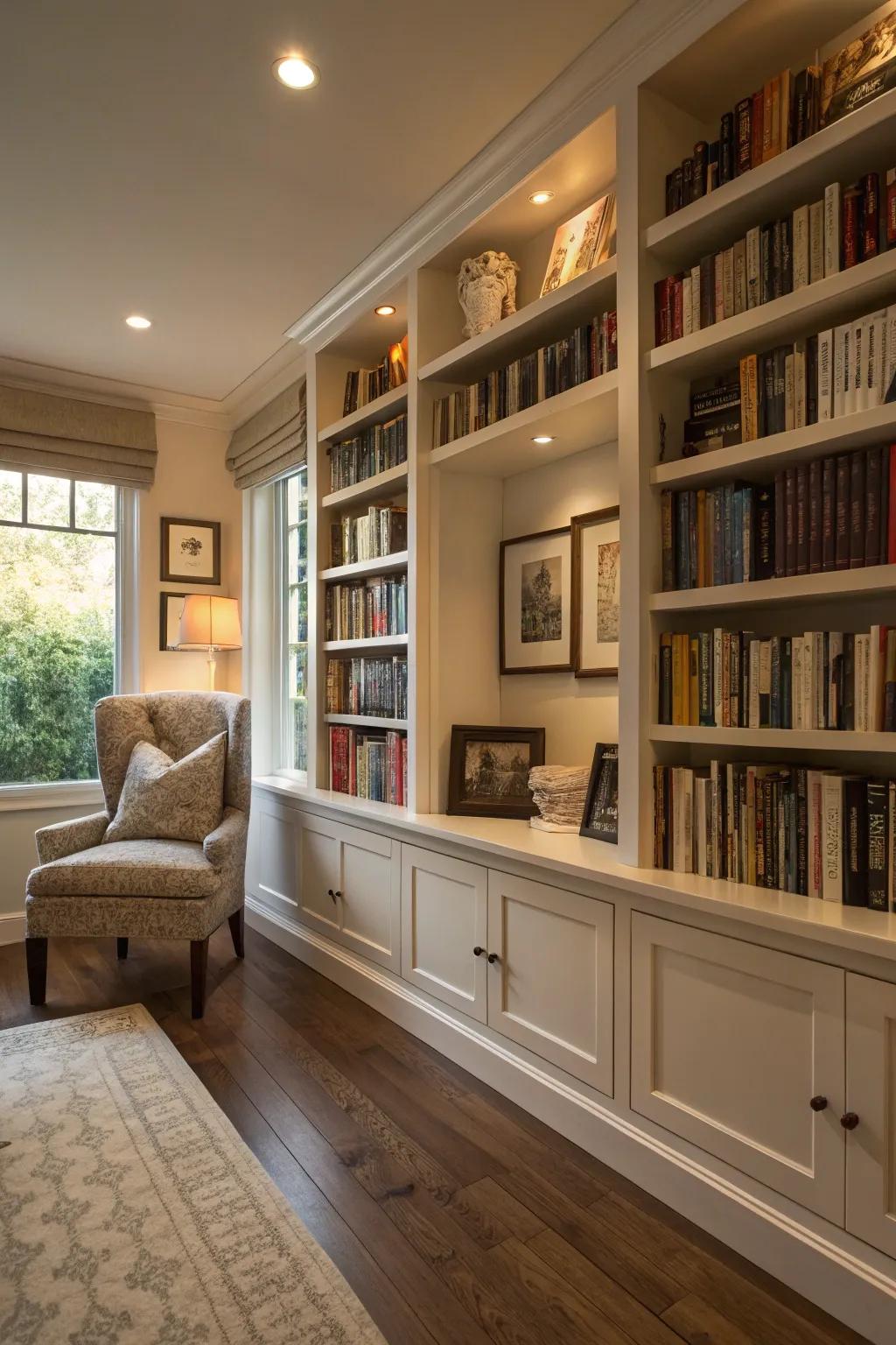 Built-in shelves that offer a seamless, integrated library design.