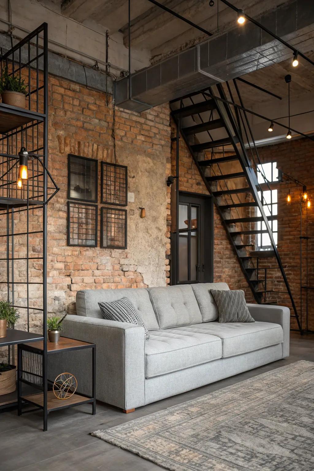 Factory elements add urban style to a muted stone sofa setting.