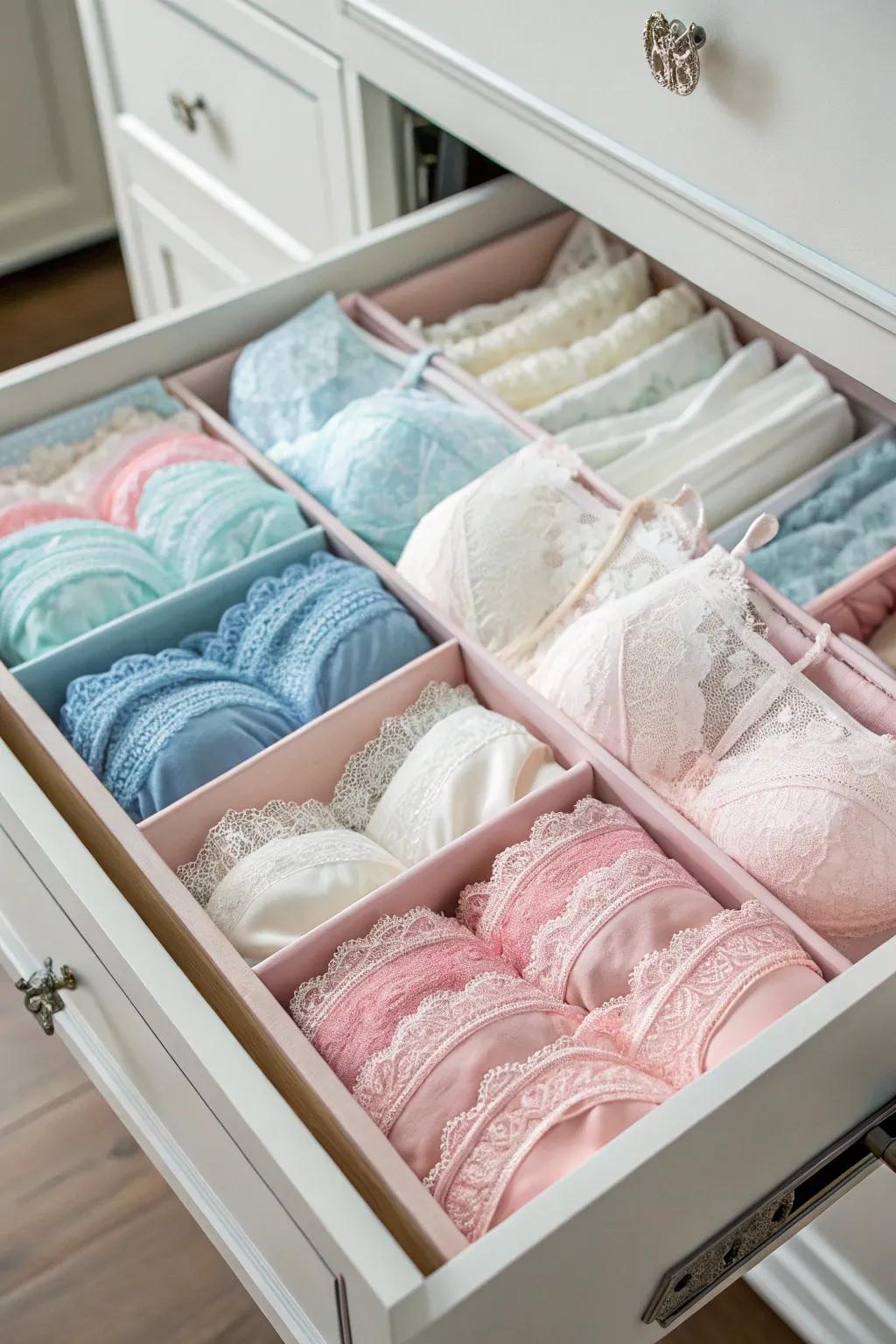 Sorting your lingerie by shade enhances order and visual appeal.