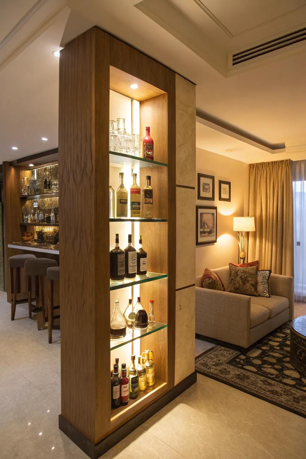 Optimize area using a corner liquor shelf.