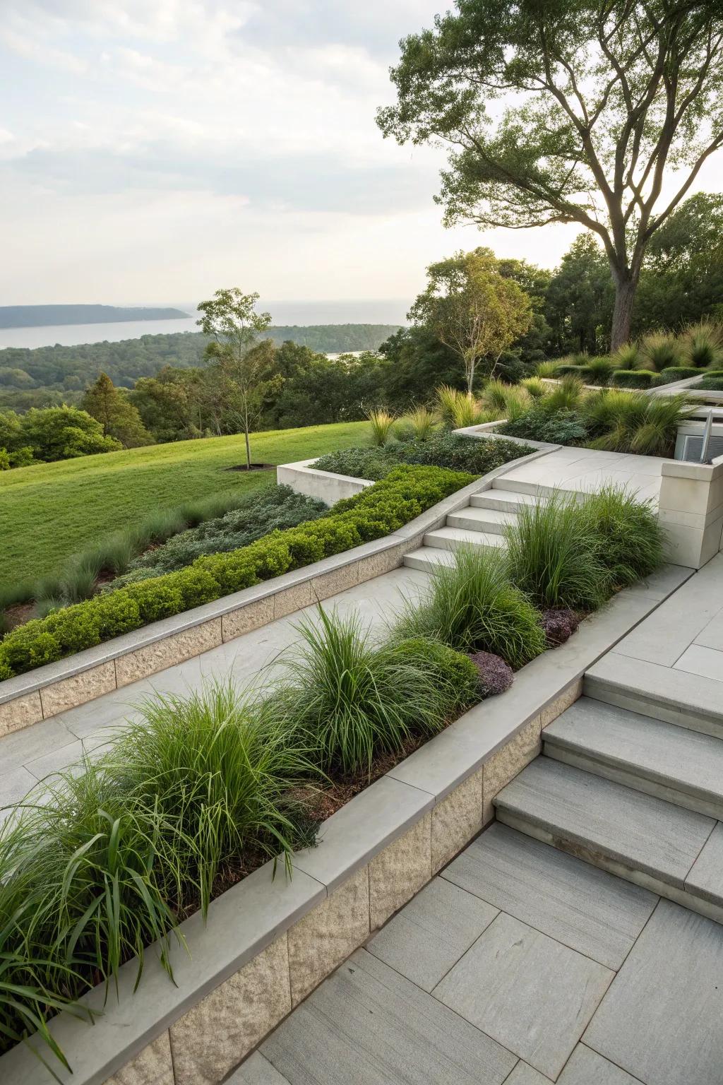 Terrace edges softened by liriope, enhancing the garden's natural flow.
