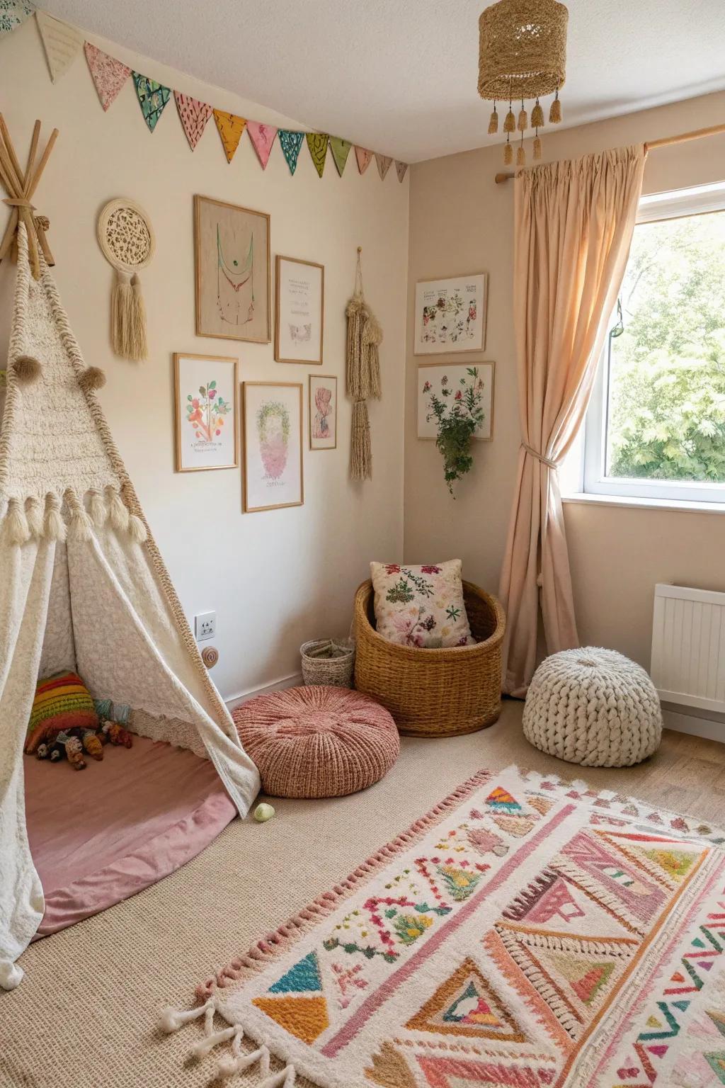 A bohemian chic chamber that exudes individuality and ease.
