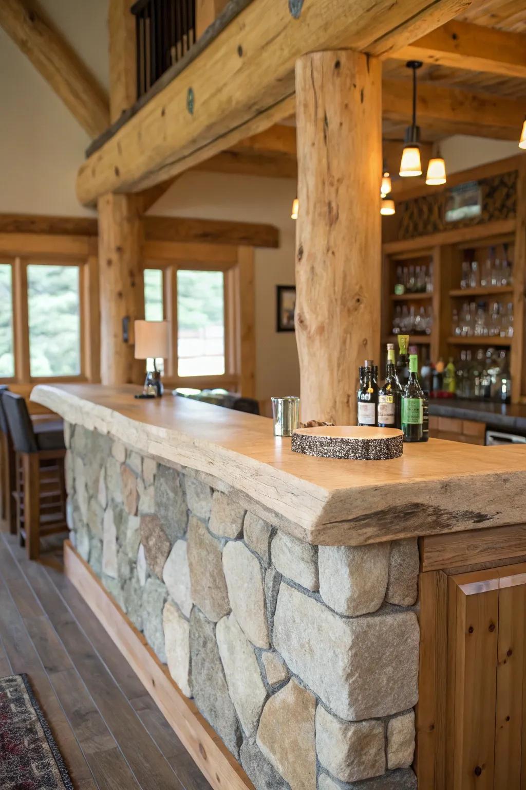 A live edge bar perfectly matched with stone features, enhancing its countryside charm.